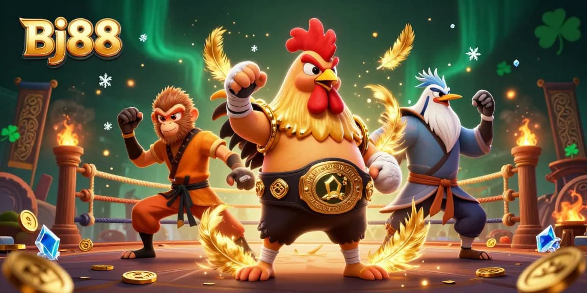Experience thrilling cockfighting action with Bj88 in an ultra-detailed illustrated scene showcasing vibrant characters and casino elements.