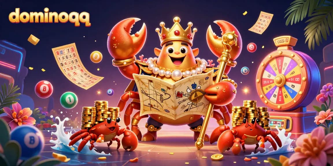 Engage in dominoqq action with vibrant lottery elements and a majestic crab emperor.
