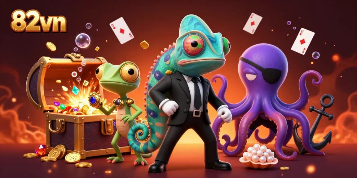 Experience the thrill of 82vn with colorful treasures and dynamic characters in a vibrant casino scene.