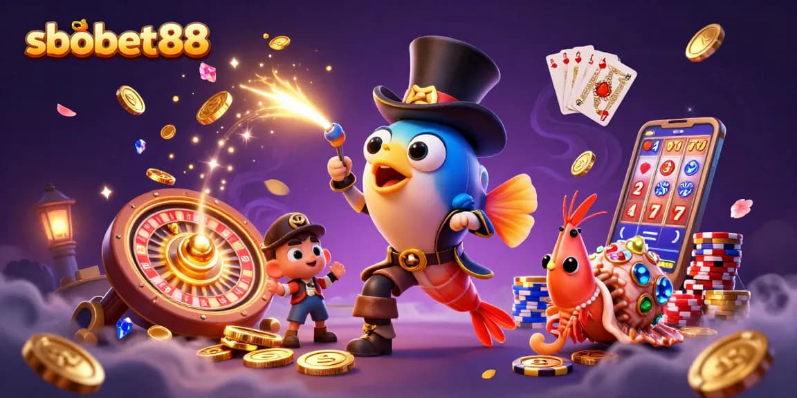 sbobet88 attracts players with vibrant 3D symbols of treasure, roulette, and winning cards