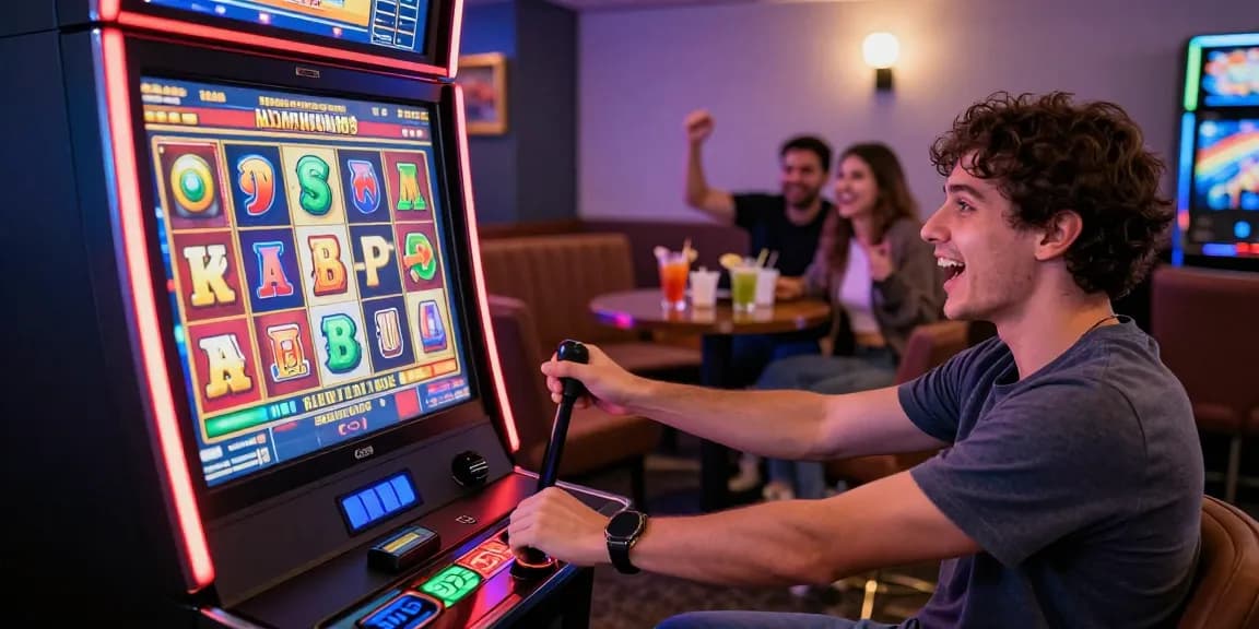 Excited player enjoying rajakhodam89 slot at vibrant casino.