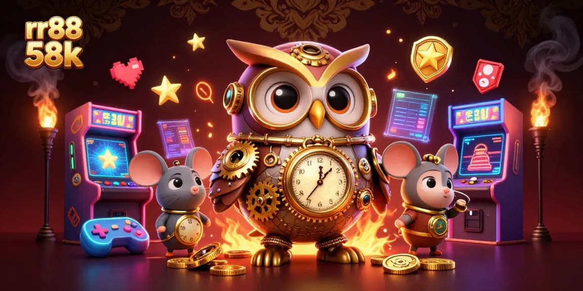 Experience the excitement of rr88 58k with a vibrant 3D casino scene featuring an owl and gaming elements.