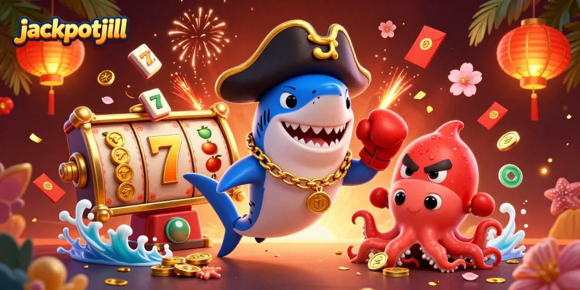 Engage with jackpotjill's vibrant casino world featuring a pirate shark, pufferfish, and coins.