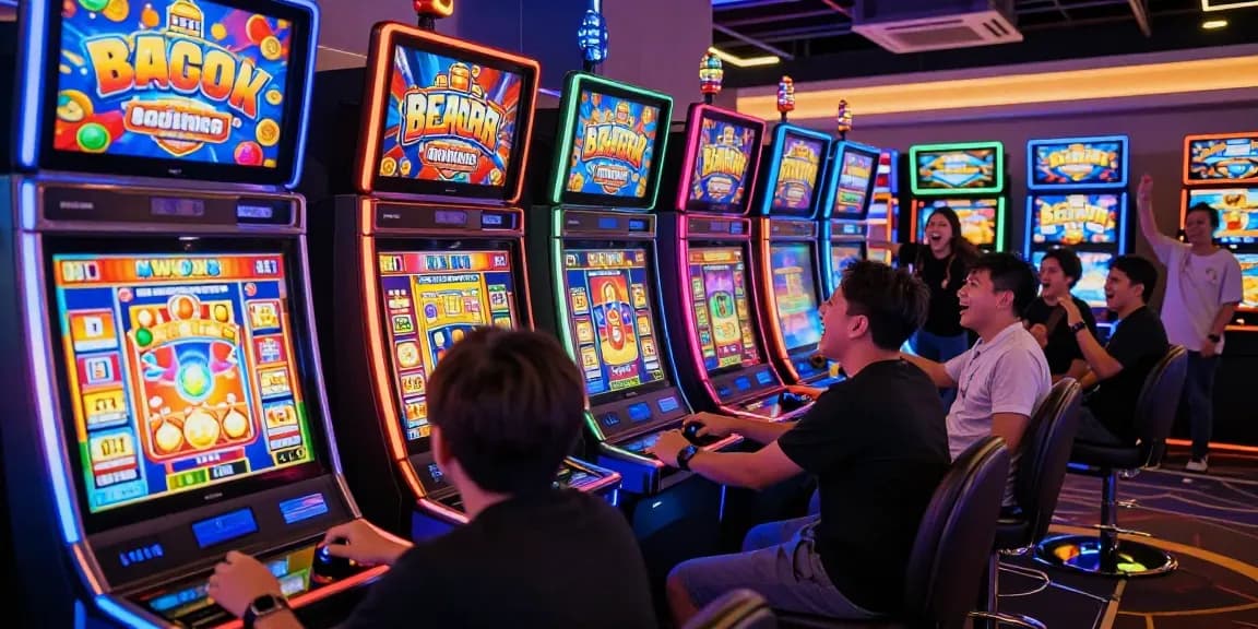 Pengalaman bermain slot gacor di kasino dengan pemain antusias dan mesin slot berwarna-warni.