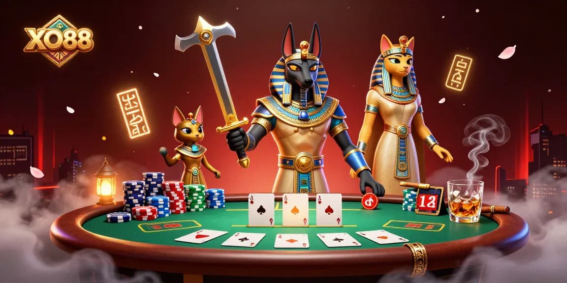 Experience the thrill of poker with XO88 in this vibrant, dynamic scene featuring Anubis and Bastet.
