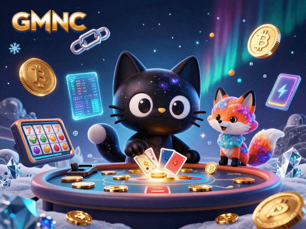 Engage with GMNC at the cosmic casino table featuring a black hole cat and vibrant NFT elements.
