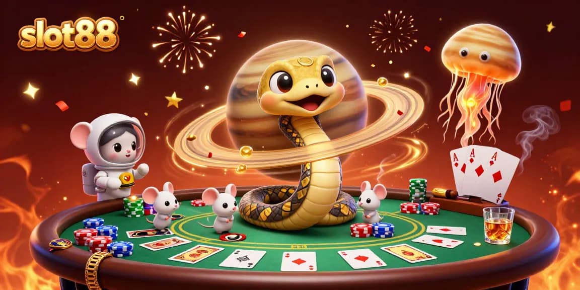 Slot88 menarik perhatian dengan ilustrasi kasino 3D yang dinamis, menampilkan ular rusa yang berputar.