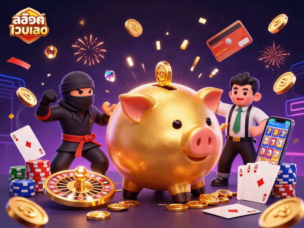Experience the excitement of สล็อตเว็บตรง with a thrilling 3D scene featuring a golden piggy bank sumo wrestler in action.