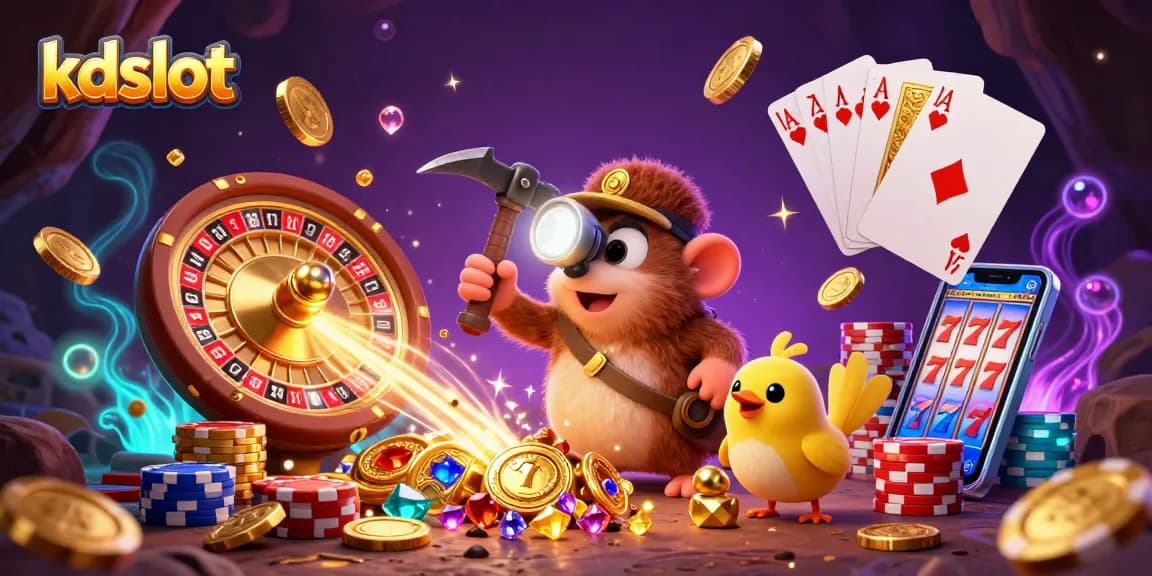 Kdslot showcases a dynamic 3D scene with a treasure hunter mole in a casino cave, adorned with golden slot reels and sparkling gems.