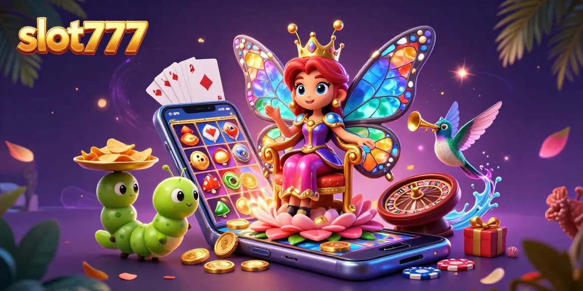 Spin vibrant slot777 reels with a dazzling butterfly queen and casino elements in a magical scene.