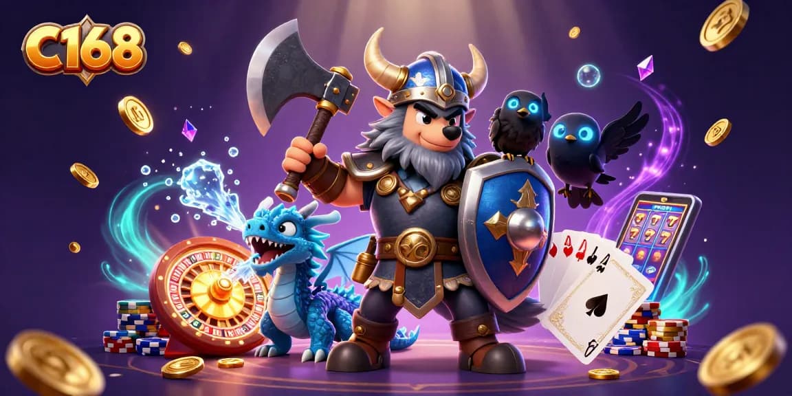 Experience thrilling gaming elements with C168's Viking warrior and fierce dragon in an exciting online casino scene.