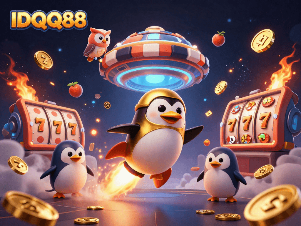 Experience thrilling gameplay with IDQQ88’s golden penguin and dynamic slot elements in a captivating illustration.
