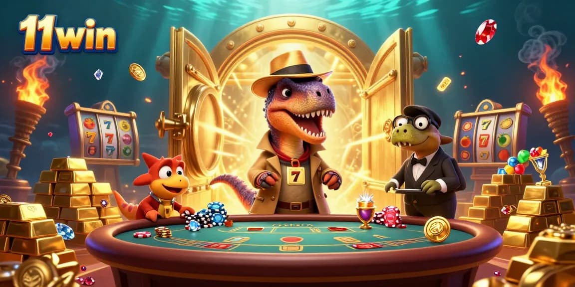 Experience the thrill of 11 win at a playful casino scene featuring a velociraptor card counter.