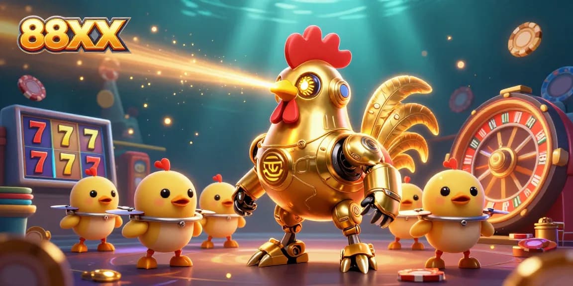 Engage with thrilling games at 88XX, where a spectacular golden rooster robot leads baby chick drones in a vibrant casino scene.