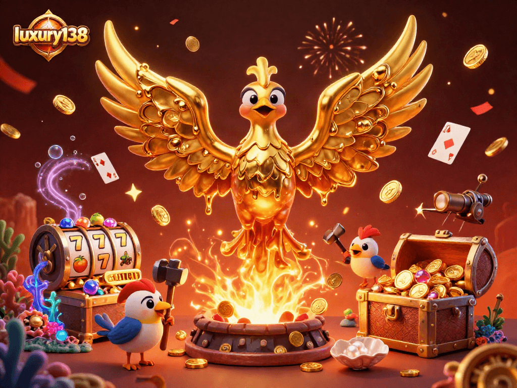 Menggali kekayaan melalui luxury138 dalam ilustrasi kasino 3D penuh warna dengan flamingo emas dan simbol slot.