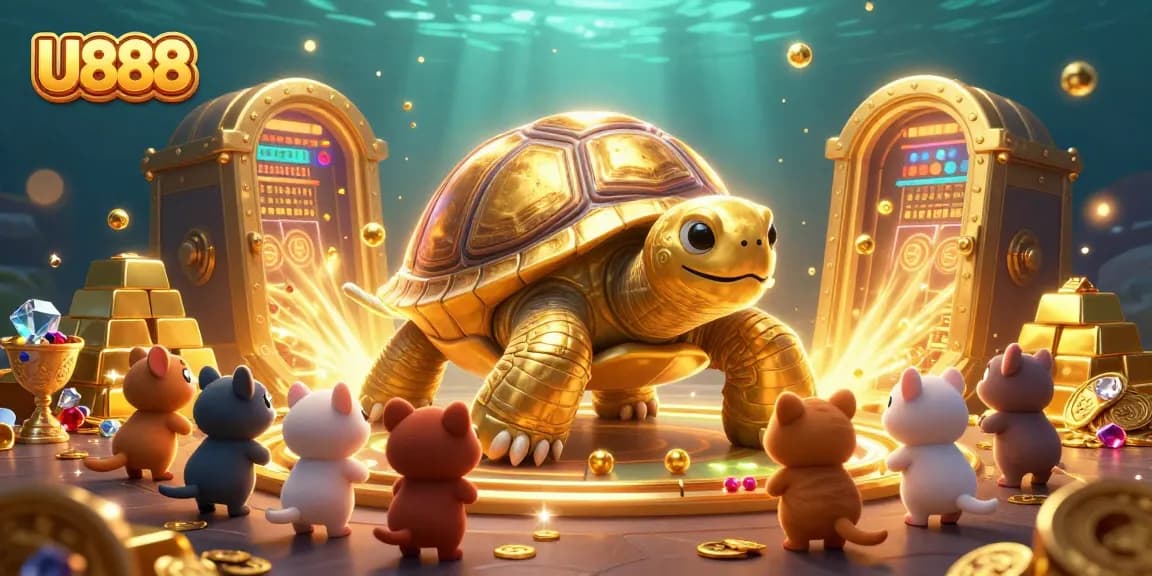 Engage with U888's vibrant 3D scene featuring golden tortoise and treasures cascading in this lively casino illustration.