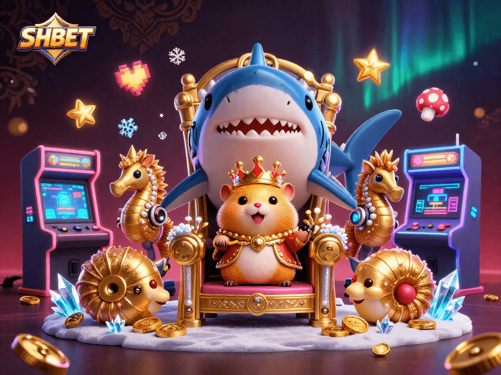 Experience excitement with SHBET in a vibrant 3D casino scene featuring a golden hamster king.