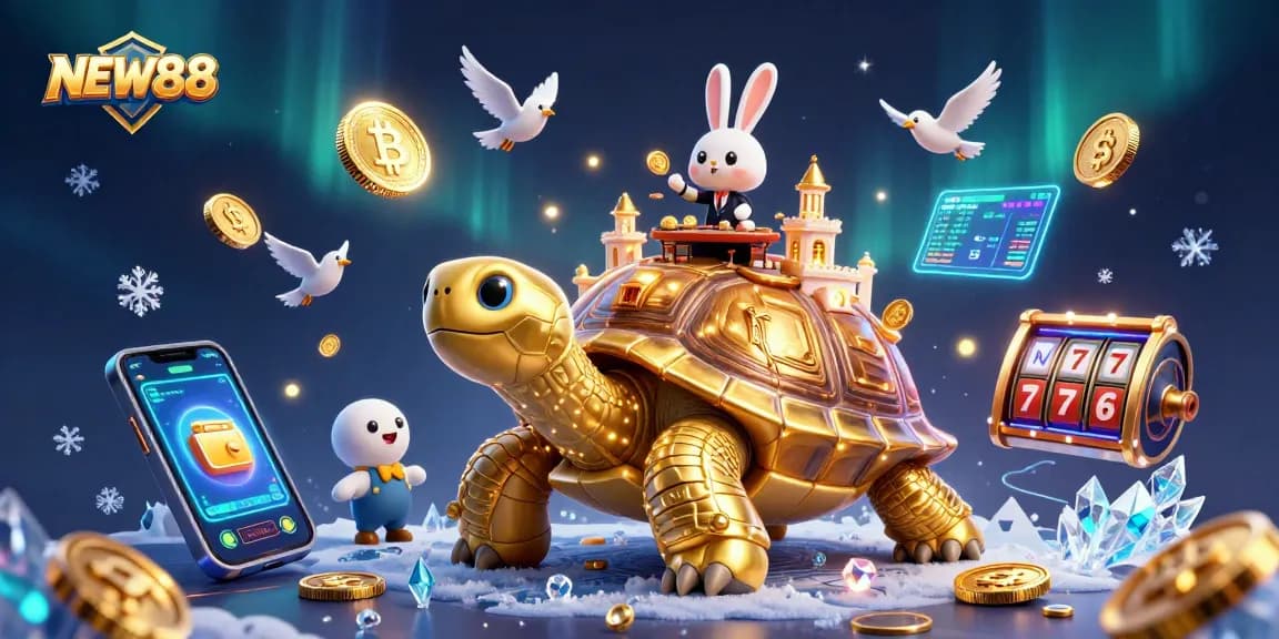 Engage with exhilarating games at NEW88, featuring vibrant 3D elements like Bitcoin coins and a casino scene.