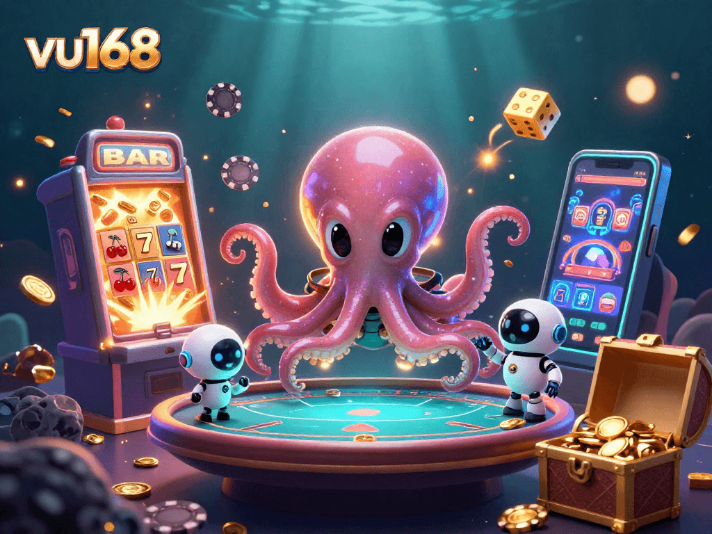 Engage in gaming excitement with vu168 at a holographic poker table, featuring vibrant slots and unique characters.