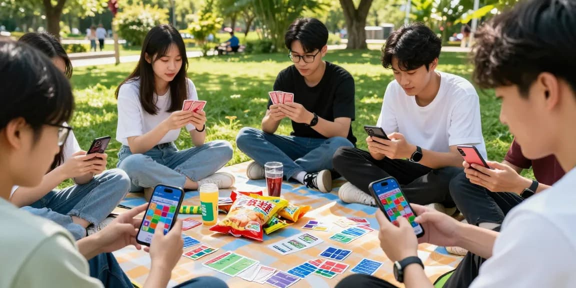 Young adults playing Card Rummy APK in a park, showcasing mobile earning 2026 opportunities with vibrant graphics and outdoor fun.