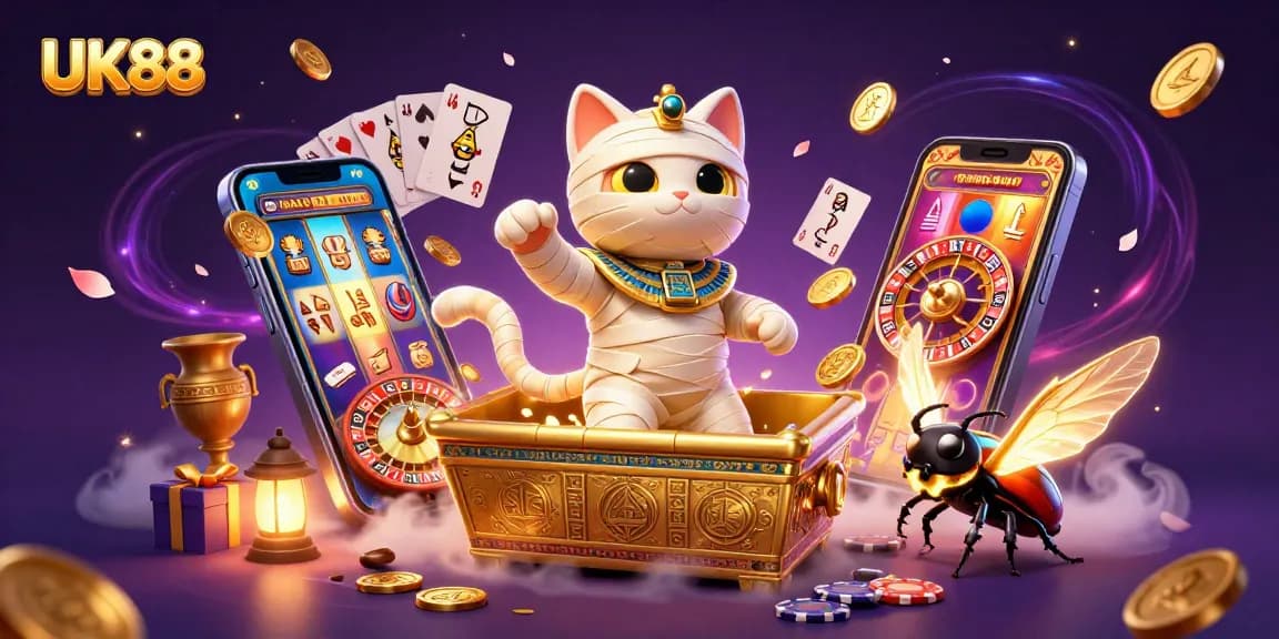 Engage with UK88's vibrant casino scene featuring a mummy cat, scarab, and dynamic slot elements.