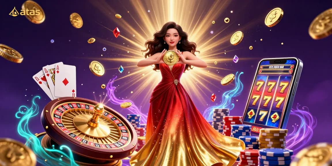 Spin your luck at ATAS Casino with our vibrant gaming illustration featuring a gorgeous lady and casino games.