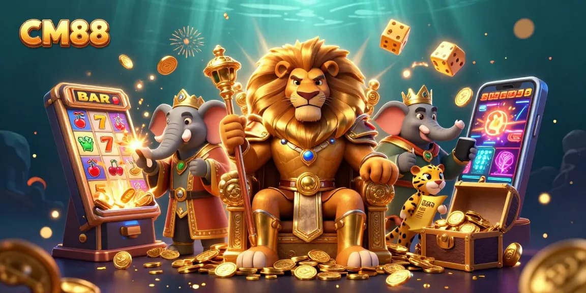 Experience the CM88 thrill with a lion king overseeing a vibrant casino explosion of rewards.