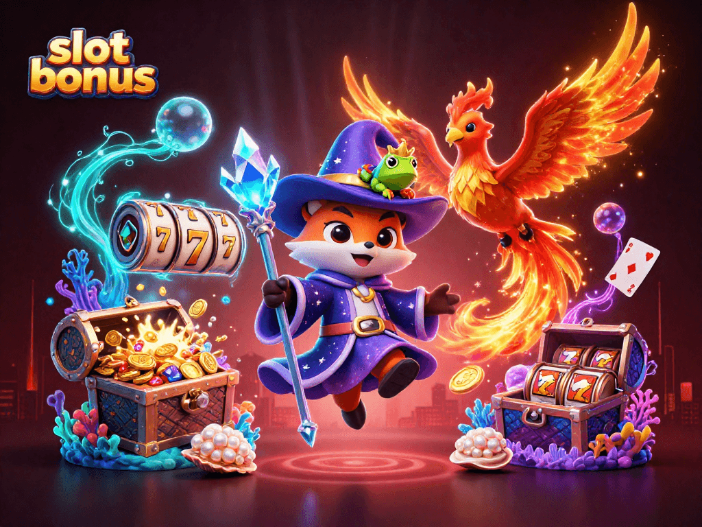 Experience winning with slot bonus in an enchanting 3D casino illustration featuring magical characters.