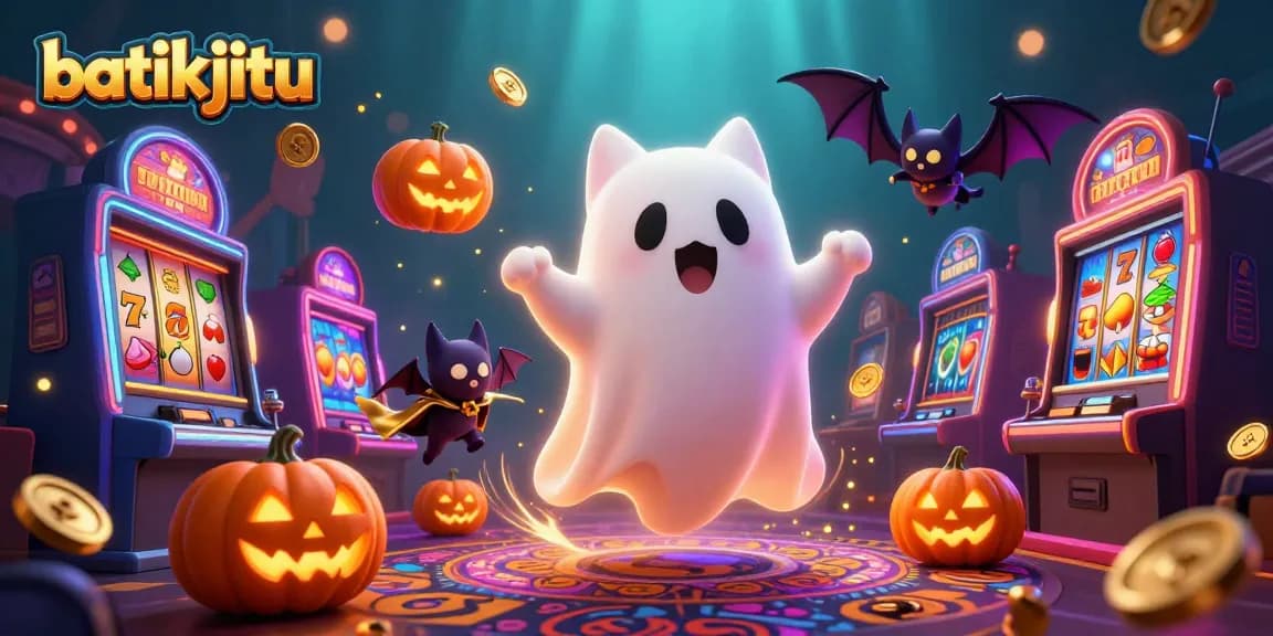 Batikjitu mempesona dalam permainan slot kasino, dengan simbol keberuntungan dan kucing hantu yang ceria.