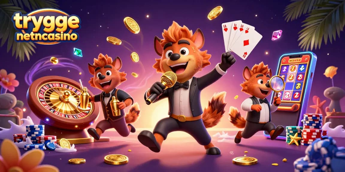Oppdag trygge nettcasino med underholdende hyener i en livlig kasinoscene.