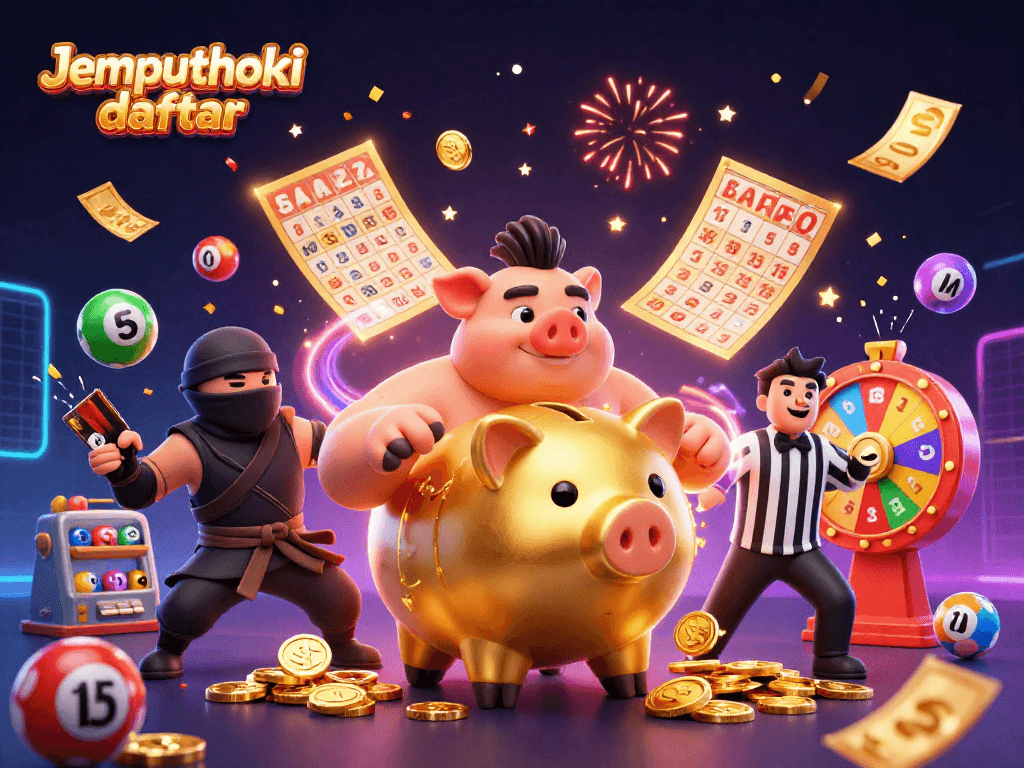 Experience excitement with Jemputhoki daftar featuring a dynamic 3D illustration of characters and lottery elements.
