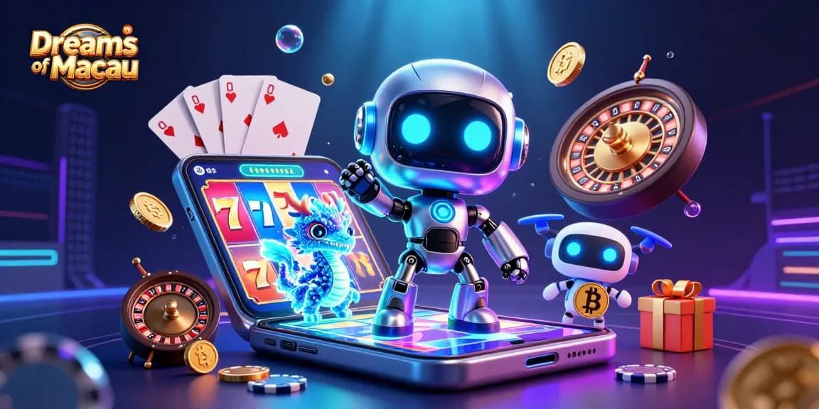 Experience thrilling gameplay in Dreams of Macau with a colorful neon robot and a bitcoin drone.
