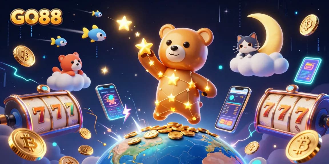 Engage with GO88's thrilling slots and casino games as a starry bear scoops coins.