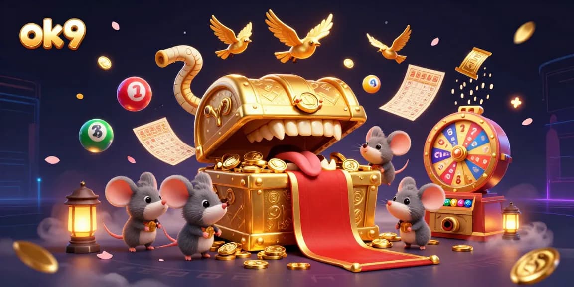 Spin the reels for jackpot wins with OK9's vibrant gaming illustration filled with excitement.