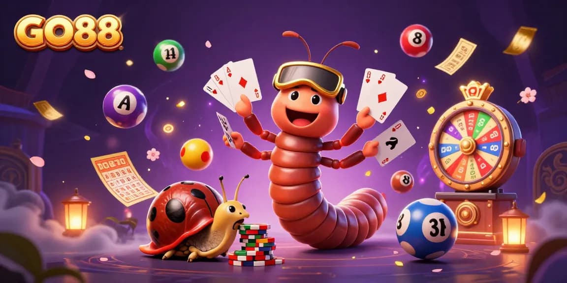 Join the excitement at GO88 with a vibrant casino scene featuring a cartoon dealer and high-rollers.