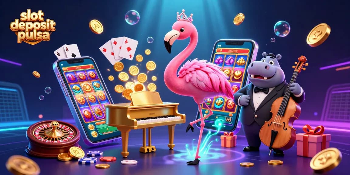 Experience slot deposit pulsa with vibrant casino scene featuring singer flamingo and hippo bassist.