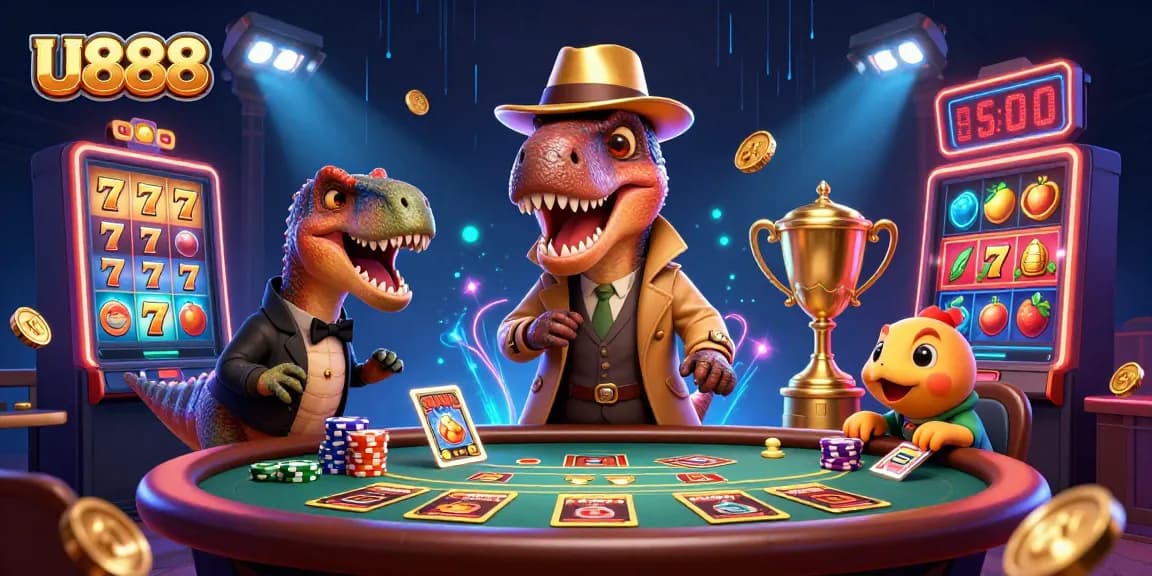 Experience U888 with a humorous twist featuring a dinosaur-themed casino scene.