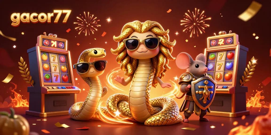 Mainkan gacor77 dengan Medusa bersahabat dan simbol slot keberuntungan dalam suasana meriah.