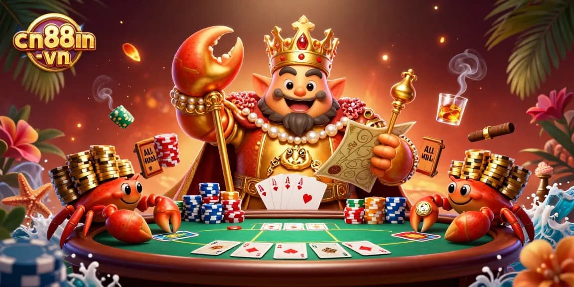 Experience thrilling gameplay at cm88-vn with a golden crab emperor and poker elements in a dynamic casino scene.