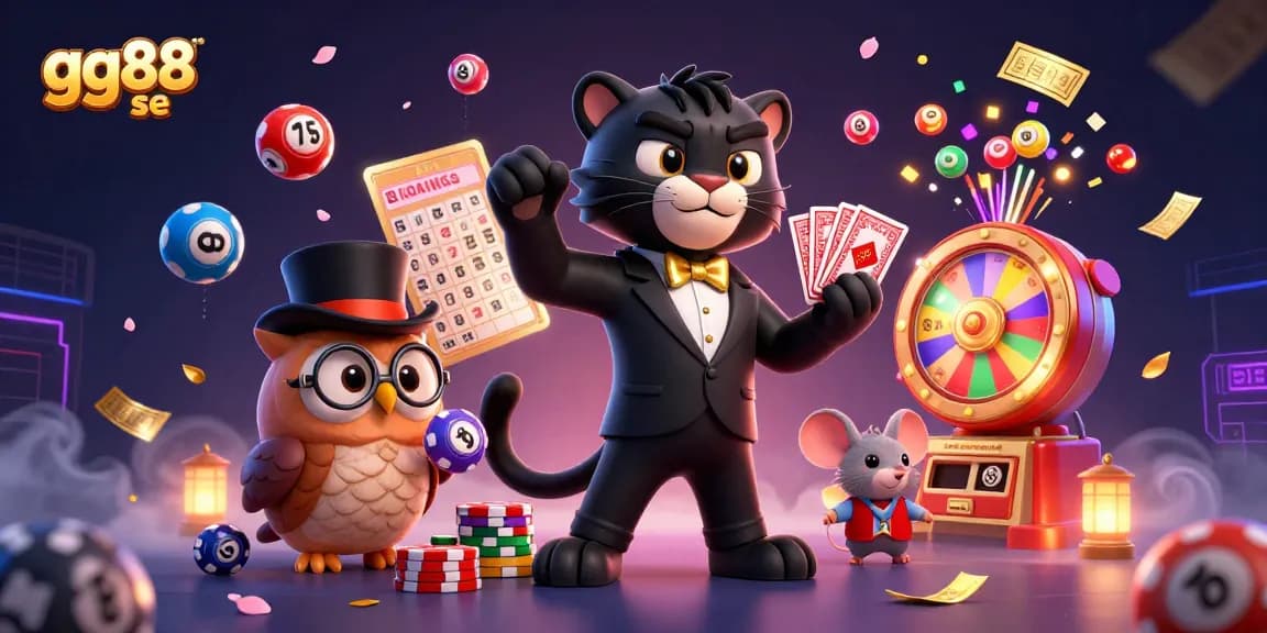 Engaging scene at gg88 se showcases a tuxedoed panther and companions with lottery balls and dynamic casino elements.