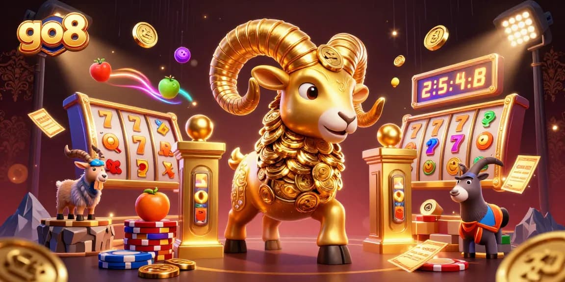 Experience thrilling wins at go8 with a dynamic scene featuring a golden ram charging through a casino.