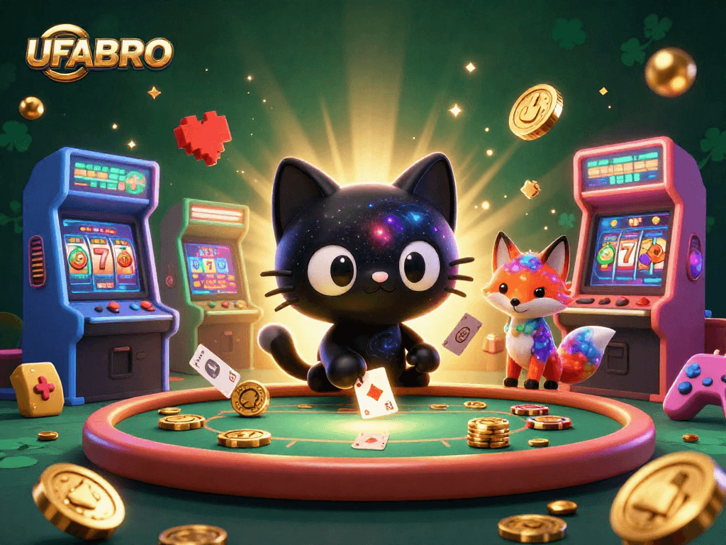 Experience the win with UFABRO's dynamic casino scene featuring a black hole cat and vibrant gaming elements.