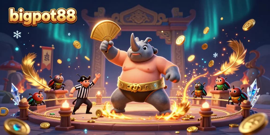 Bigpot88 showcases a lively and detailed 3D scene with a rhinoceros beetle sumo champion amidst flying coins.