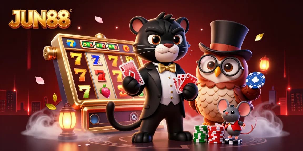 Engage with JUN88's vibrant casino scene featuring a black panther dealer, poker chips, and slot elements.
