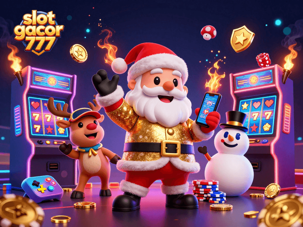 Win big with slot gacor 777 featuring Santa Claus, reindeer, and a snowman in an engaging casino scene.