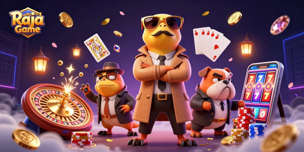 Experience thrilling action and rewards with Raja Game's vibrant casino scene filled with animated characters and game elements.