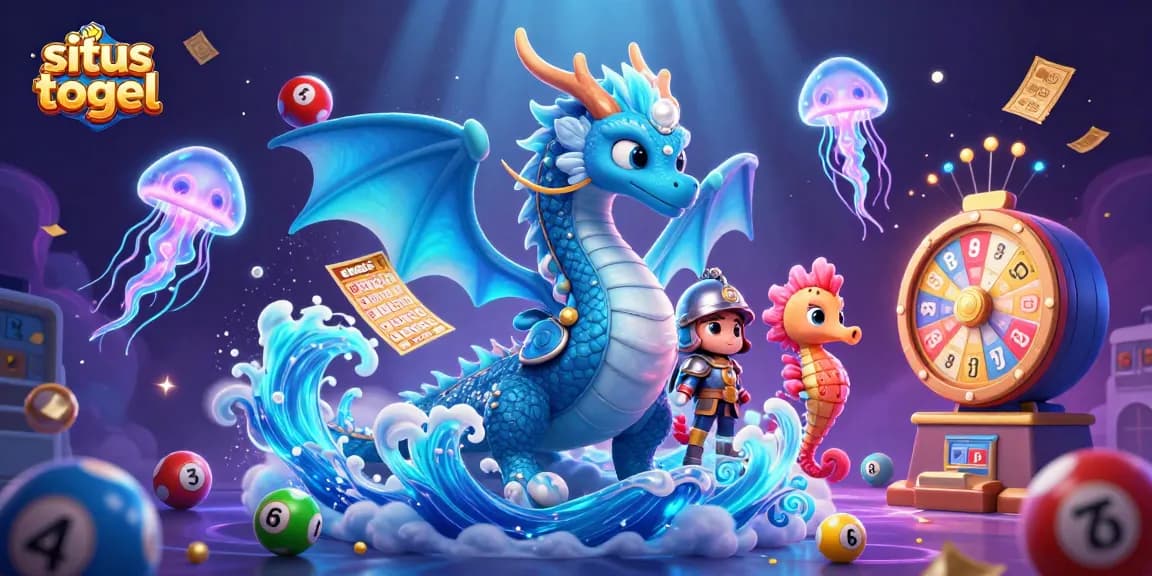Situs togel lottery fun with a vibrant underwater scene featuring a dragon, knight, and jellyfish