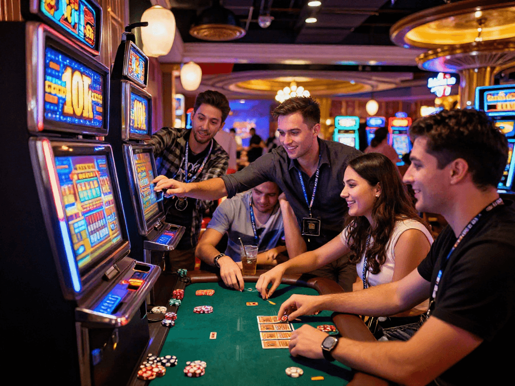 Excited group enjoying slot depo 10k in a lively casino scene.