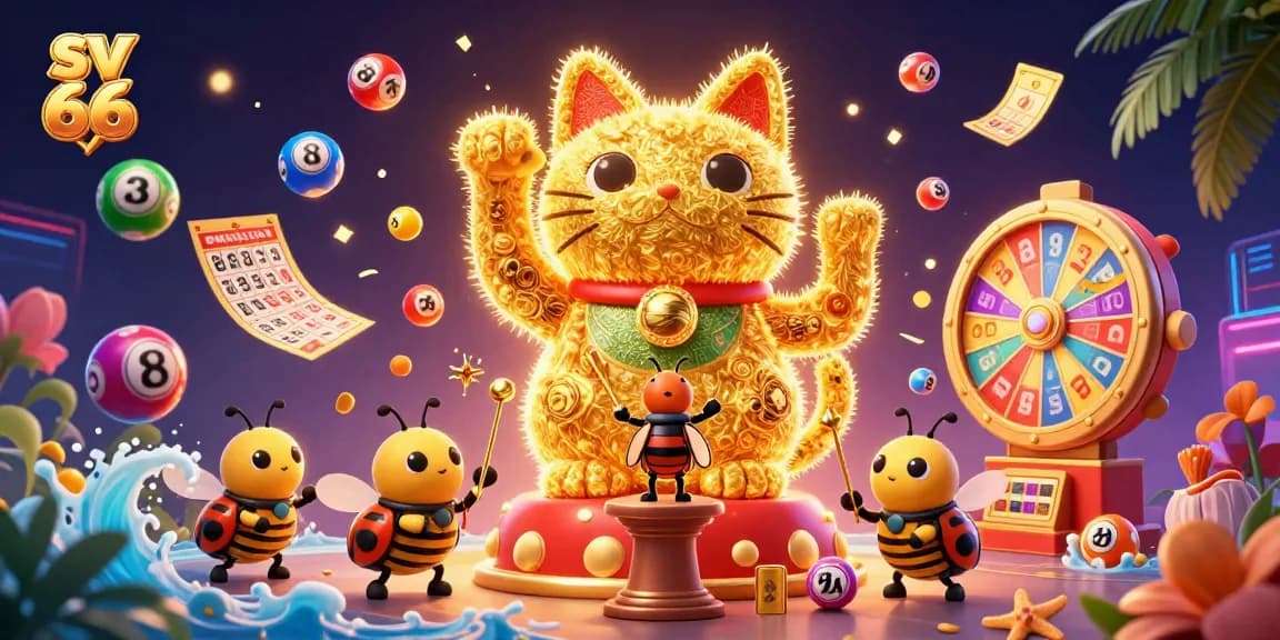 Engage with sv 66 to discover dynamic casino fun featuring a golden lucky cat and vibrant game elements.