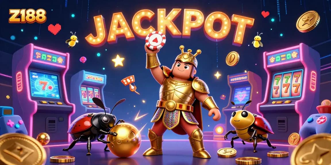 Experience the excitement of z188's online gaming with a vibrant 3D illustration of a heroic beetle celebrating a jackpot victory.